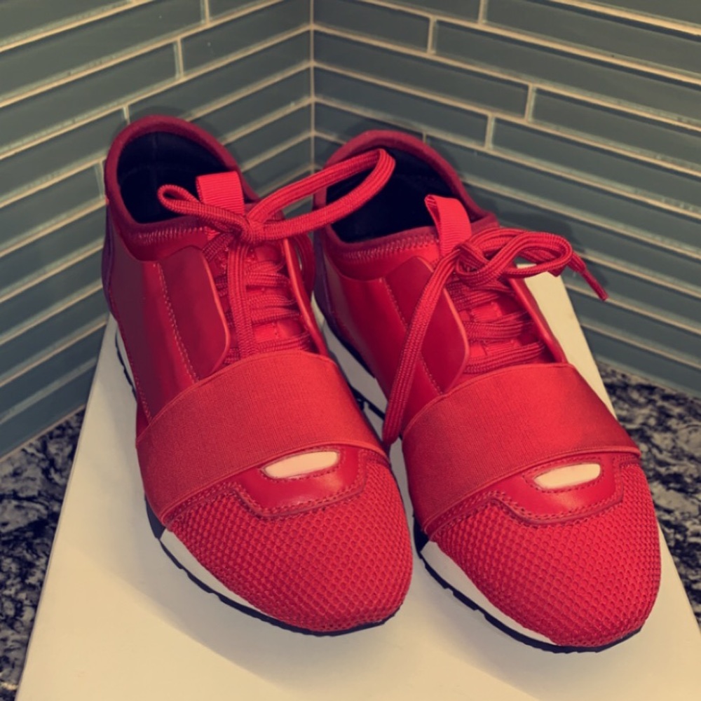 Women’s red leather/suede trainers. Size EU36, US6